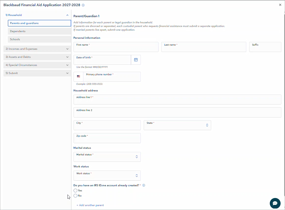 Parents and Guardians page of application